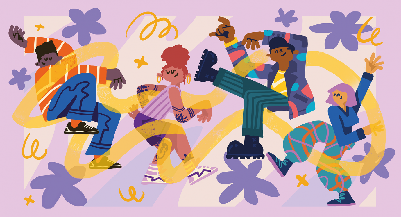Characters in joyful movement with colour background. Illustration by Ashwin Chacko