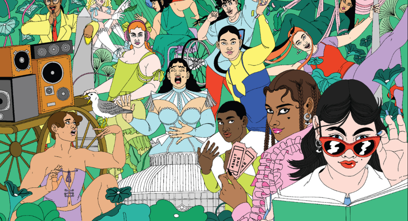 Illustrated characters in bright colours sing, dance, aerial dance and play music. 